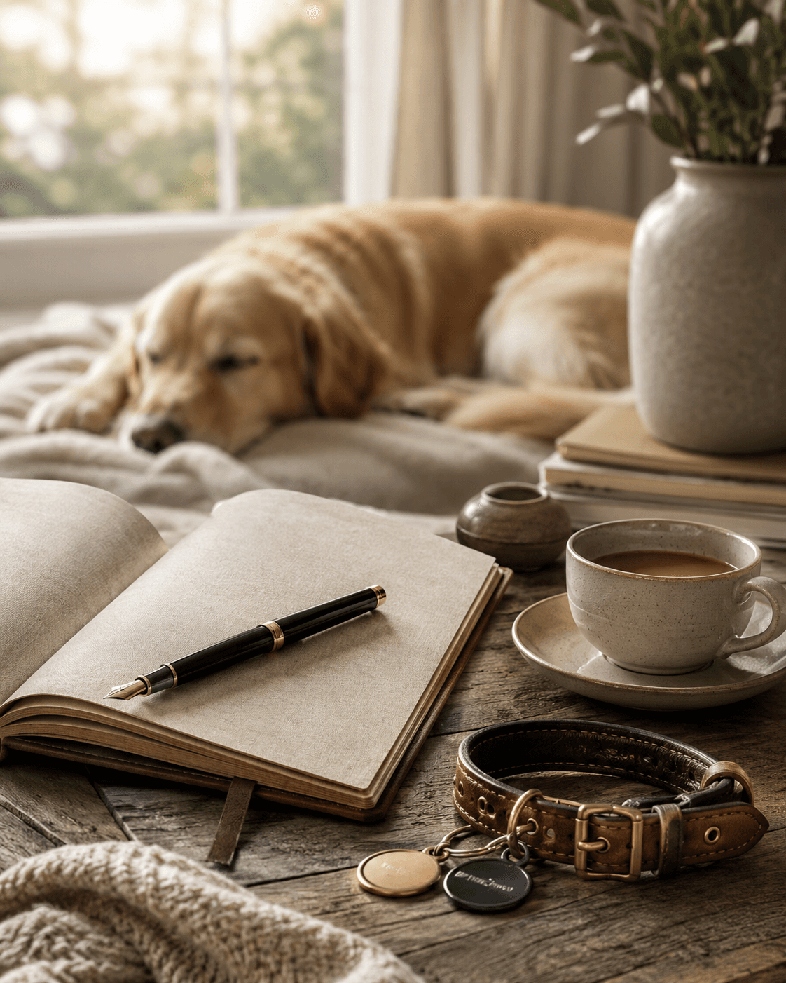 Elegant pet-care journal and dog accessories in warm window light