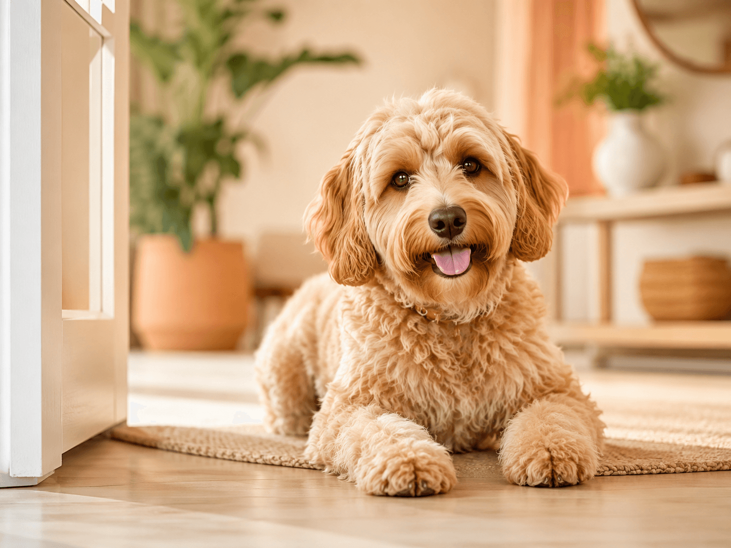 Friendly dog portrait inviting pet parents to contact DTdogs