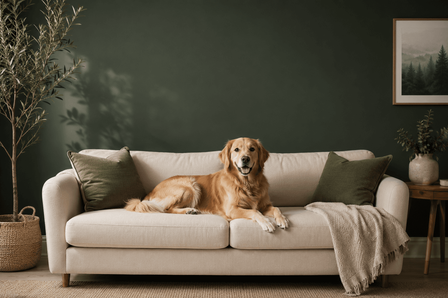 Relaxed dog on a cream sofa against a forest-green wall